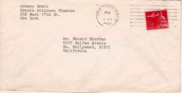 Envelope of letter Jeremy Brett sent to Christopher Riordan