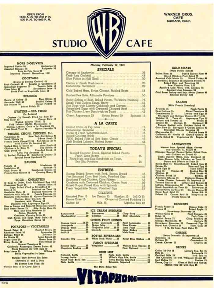 Warner Brothers commissary menu.