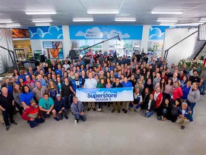 Christopher Riordan and cast and crew of the TV series Superstore.